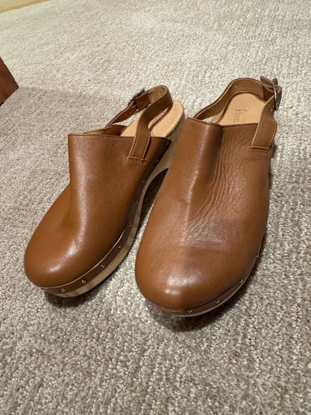 Five worlds brown leather wooden clog heel 9 made in Mexico